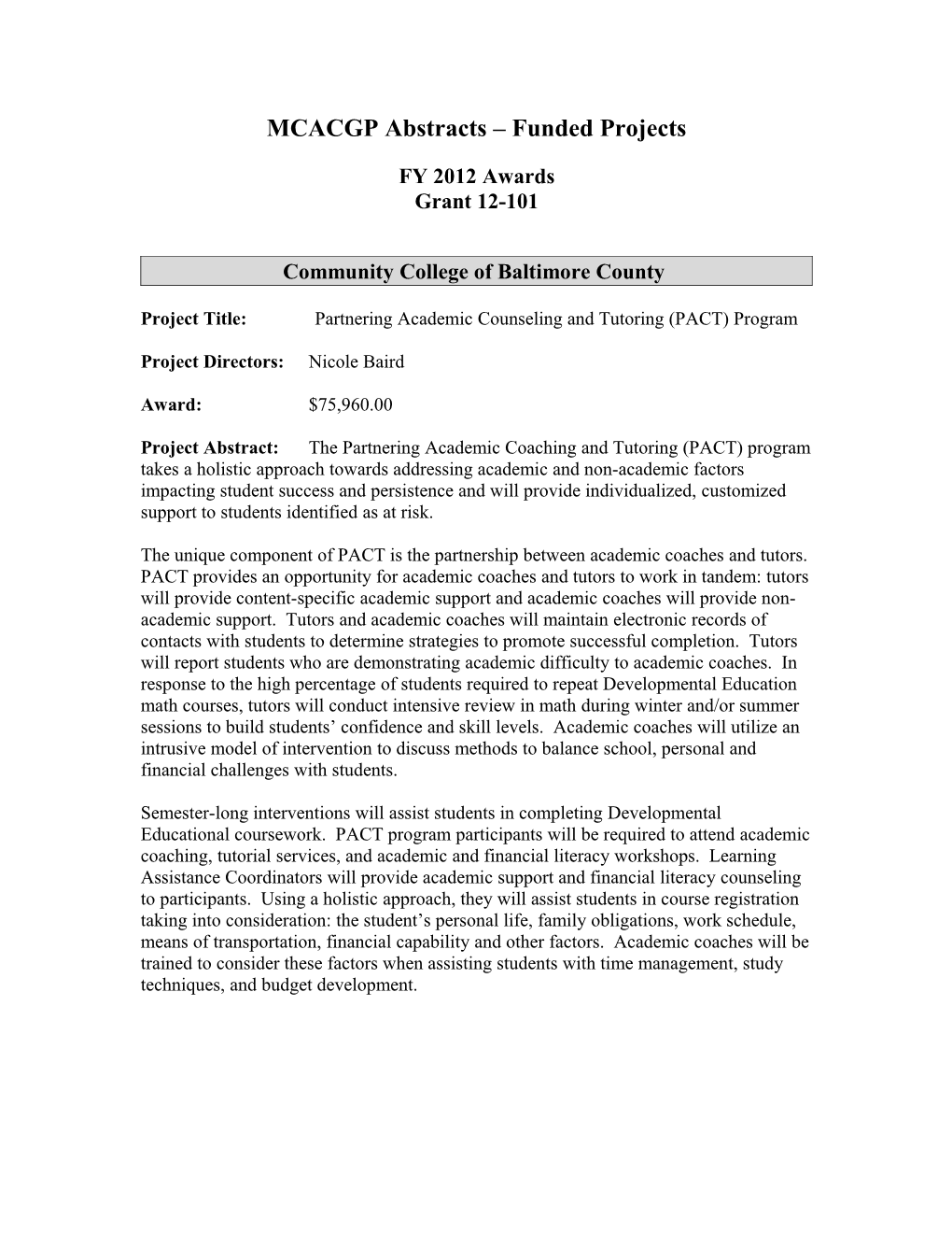 CPIP Grant Project Summaries