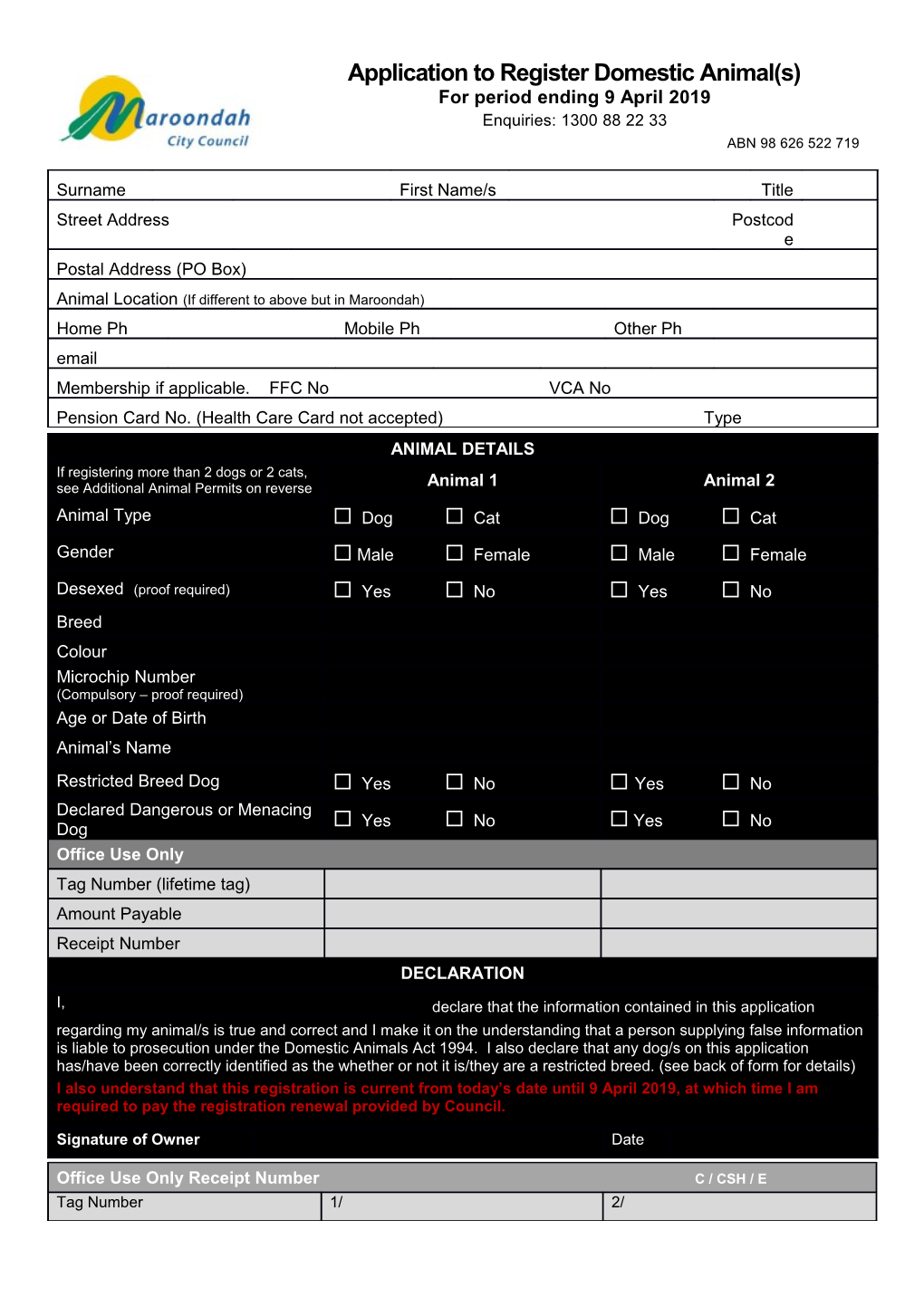 Animal Registration Fees from 10 April 2018 to 9 April 2019 - Pro Rata for First Time