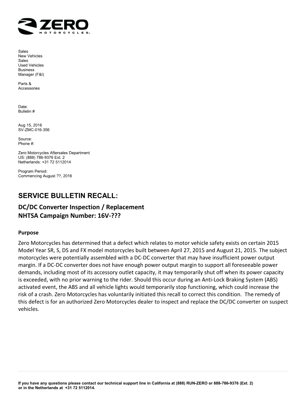 Service Bulletin Recall