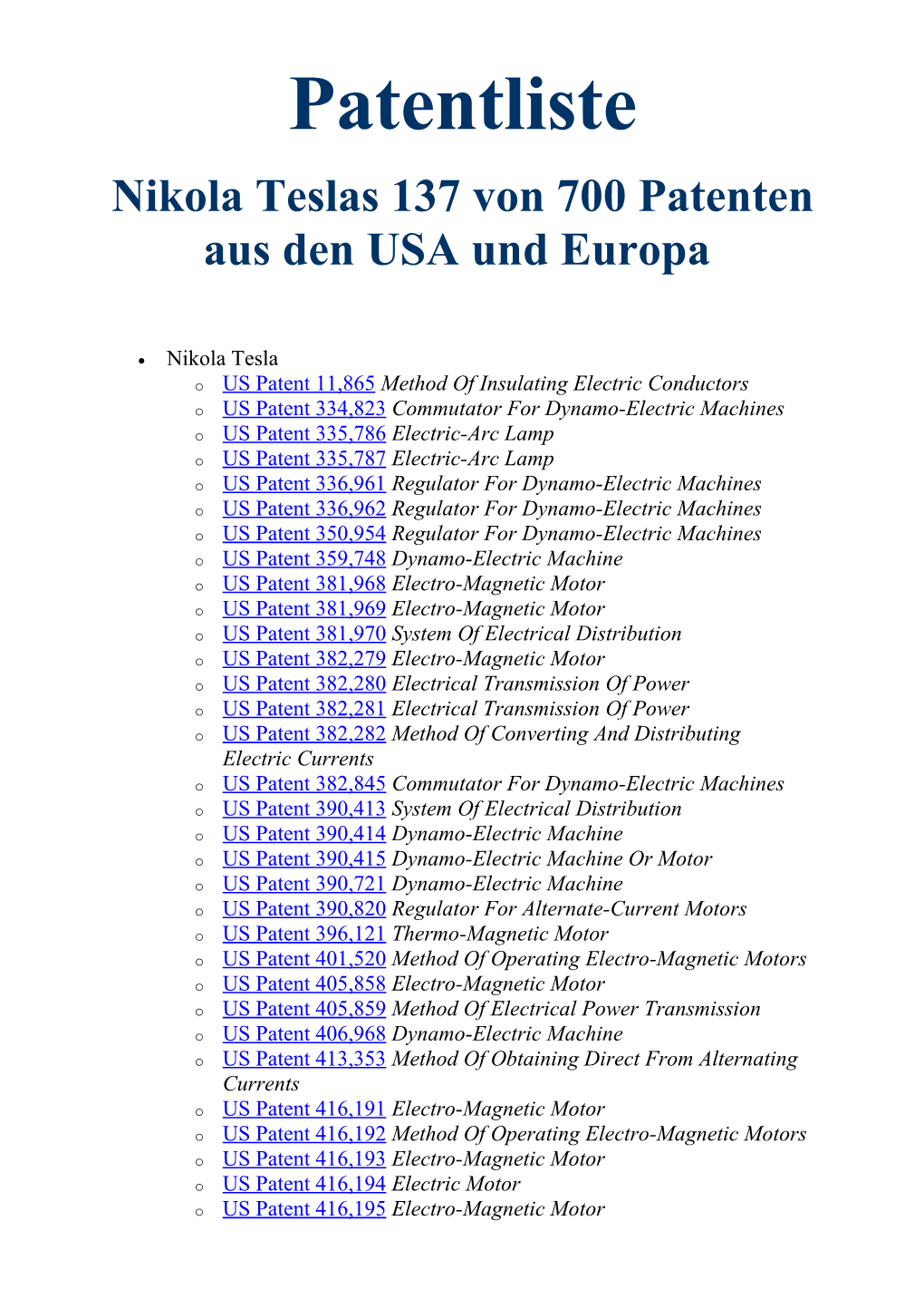 Nikola Teslas 137 Von 700 Patenten Aus Den USA Und Europa