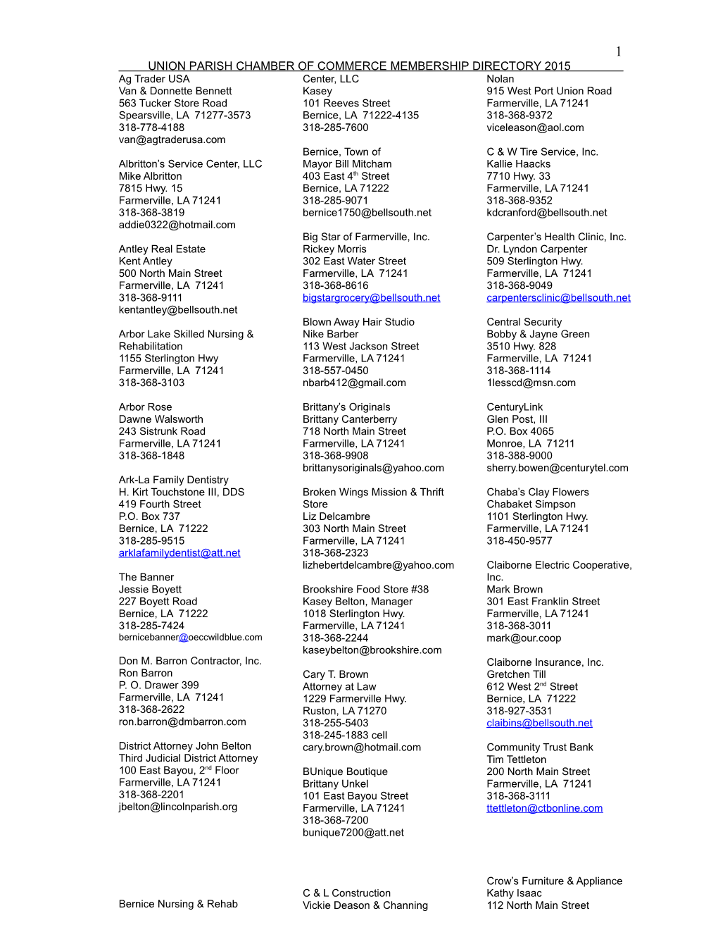 Union Parish Chamber of Commerce Membership Directory 2015