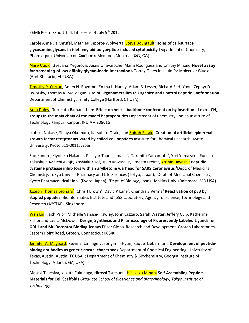 PEM6 Poster/Short Talk Titles As of July 5Th 2012