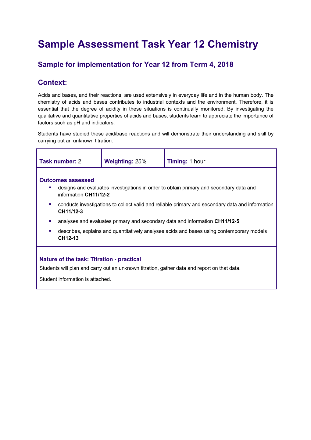 Sample Assessment Task Yr 12 Chemistry D2017/10309