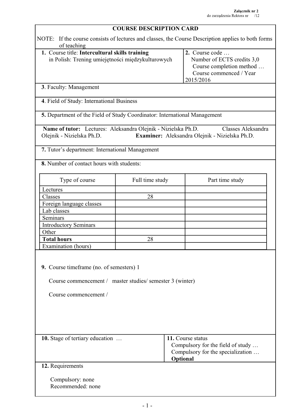 Course Description Card