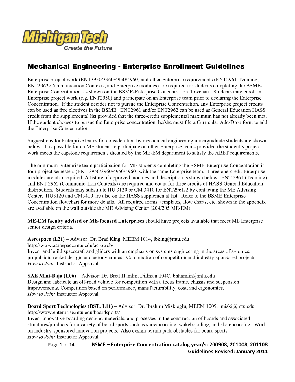 Mechanical Engineering -Enterprise Enrollment Guidelines