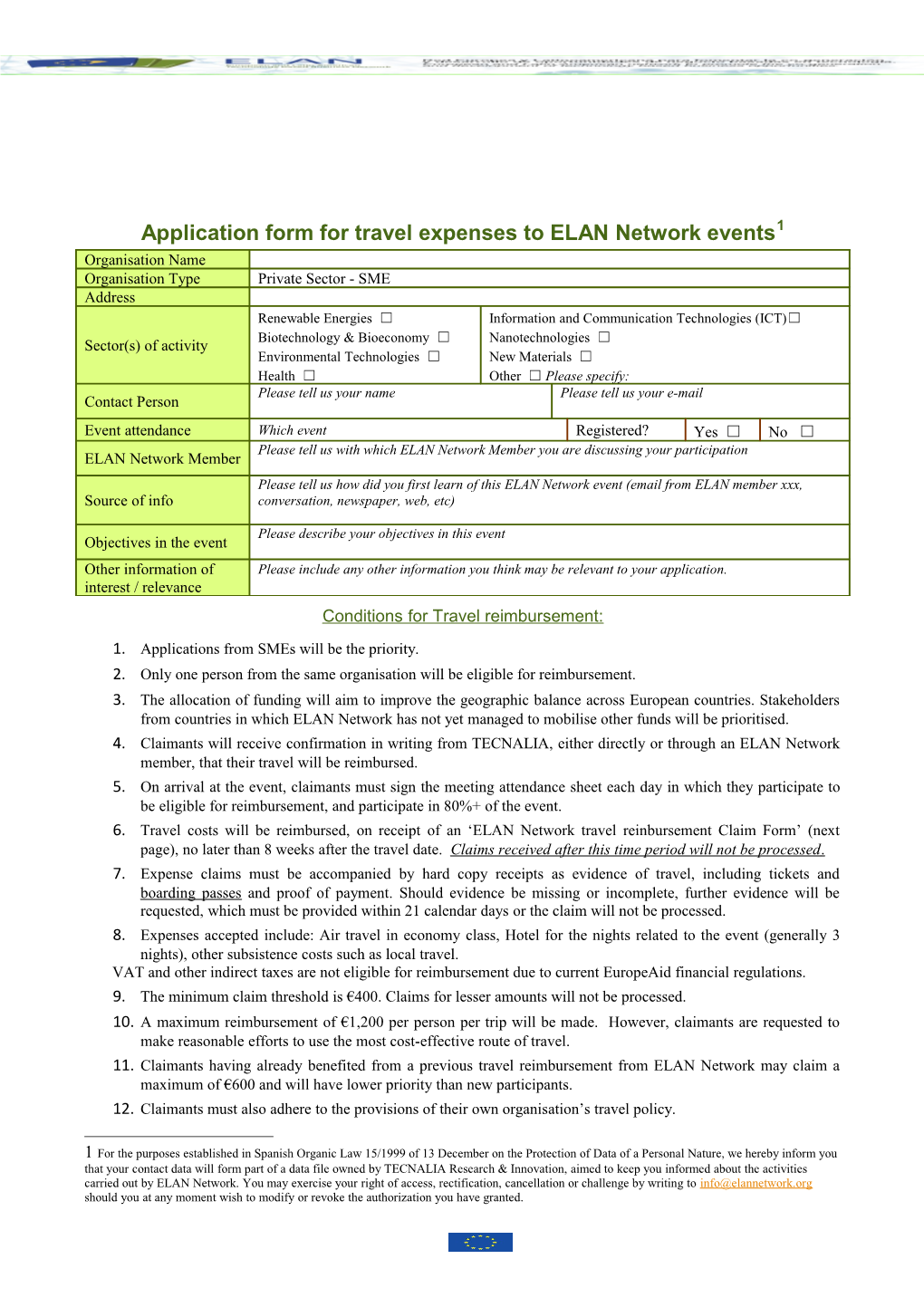 Application Form for Travel Expenses to ELAN Network Events 1