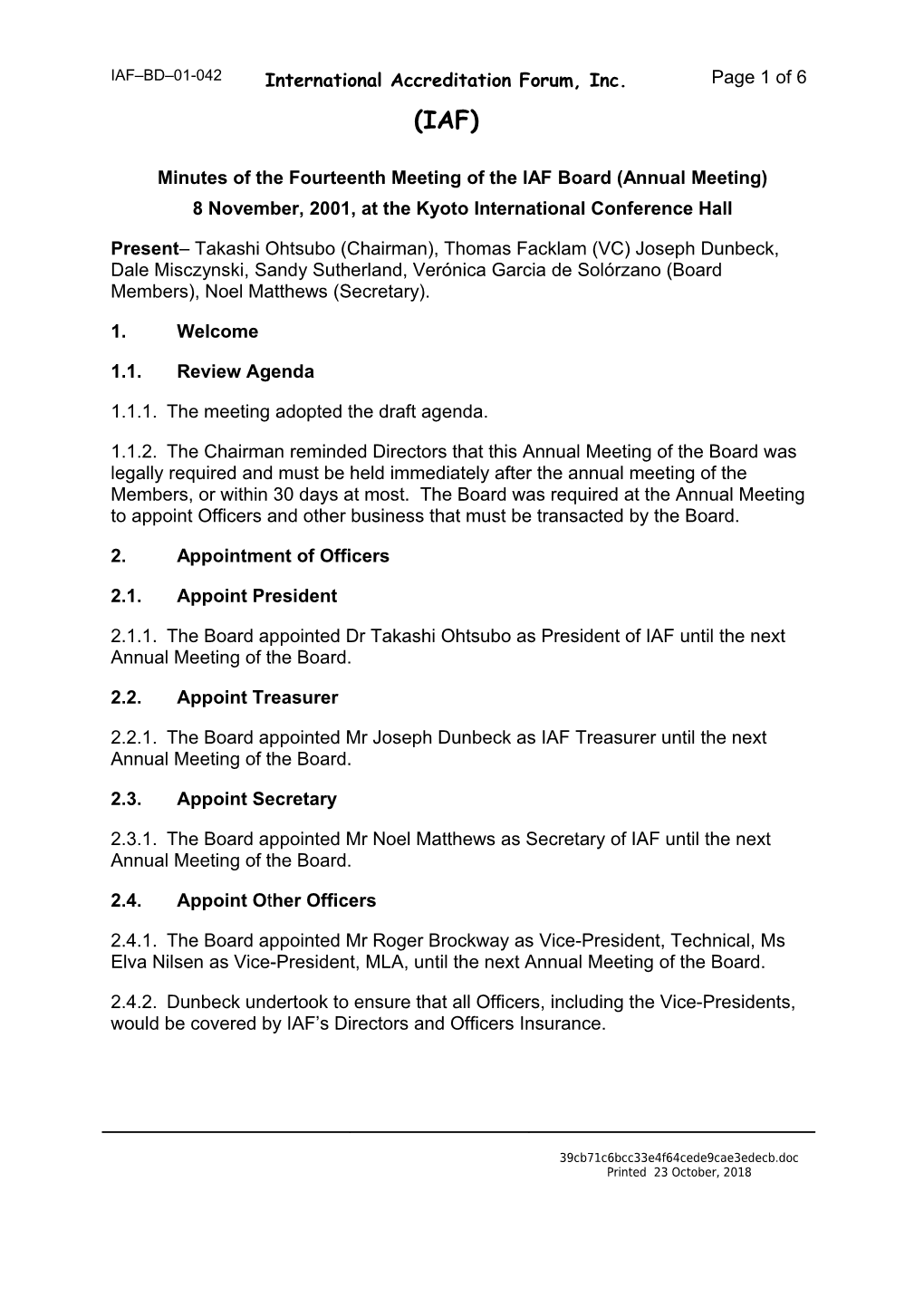 Minutes of the Fourteenth Meeting of the IAF Board (Annual Meeting)