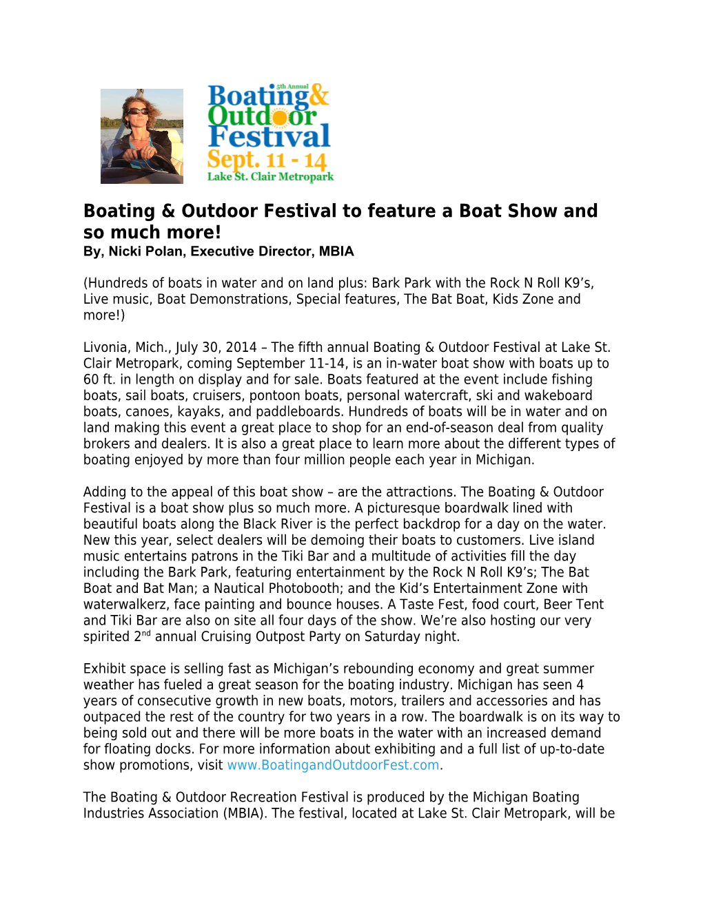 Boating & Outdoor Festival to Feature a Boat Show and So Much More! By, Nicki Polan, Executive