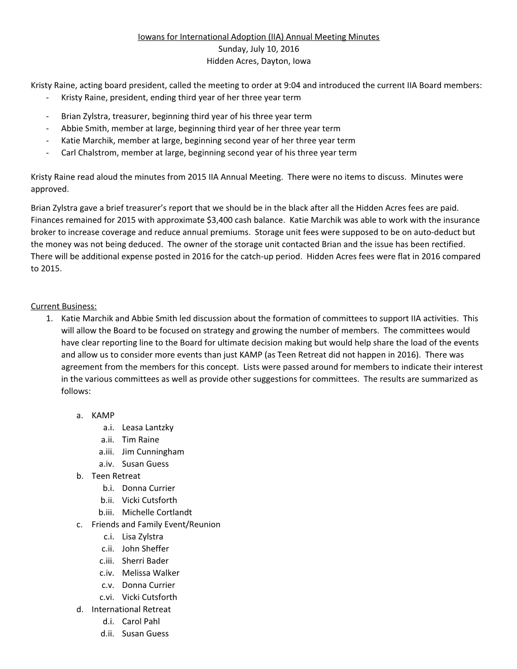 Iowans for International Adoption (IIA)Annual Meeting Minutes