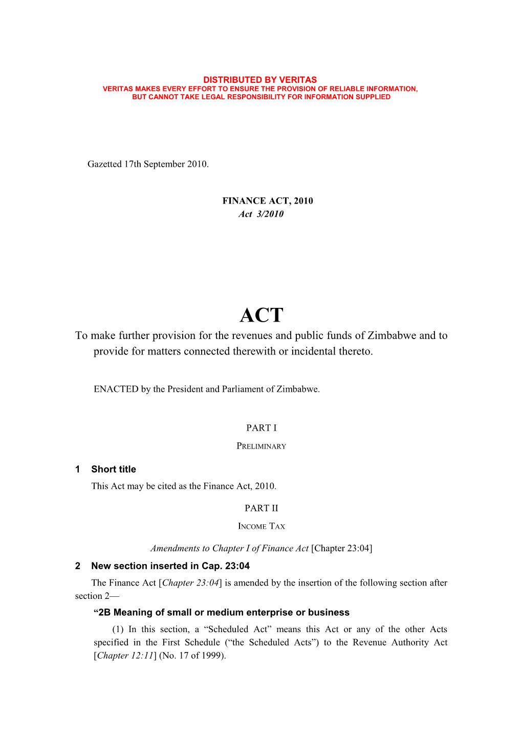 FINANCE ACT, 2010 No. 3 of 2010