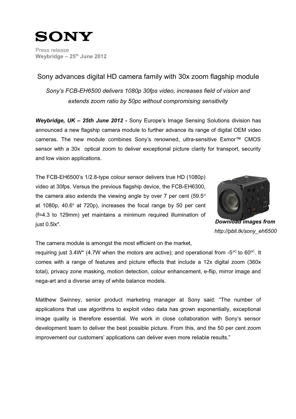 Sony Advances Digital HD Camera Family with 30X Zoom Flagship Module