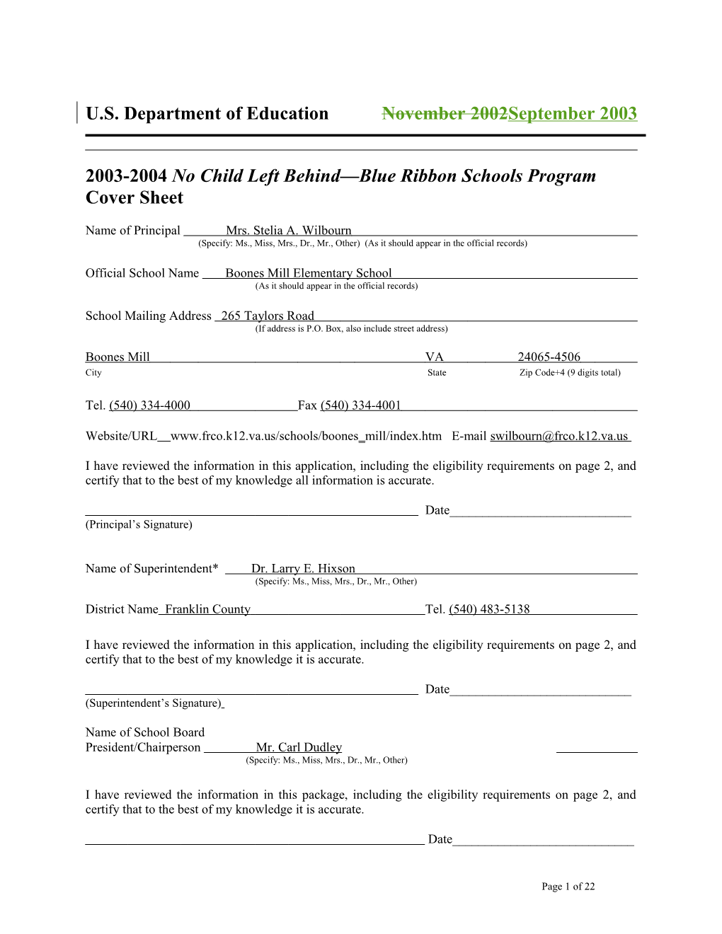 Boones Mill Elementary School 2004 No Child Left Behind-Blue Ribbon School Application (Msword)