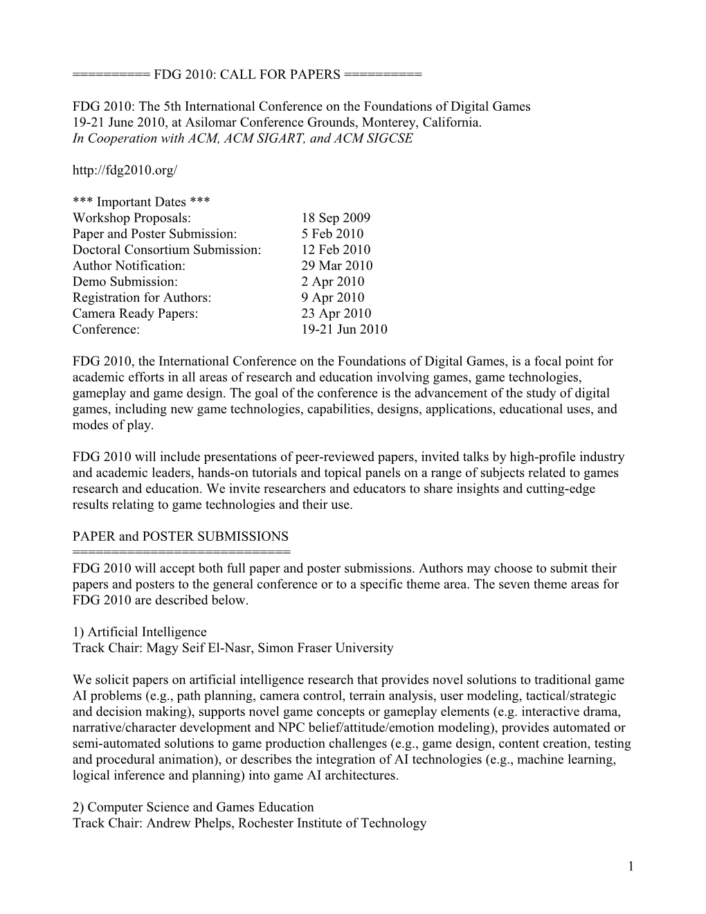 Fdg 2010: Call for Papers