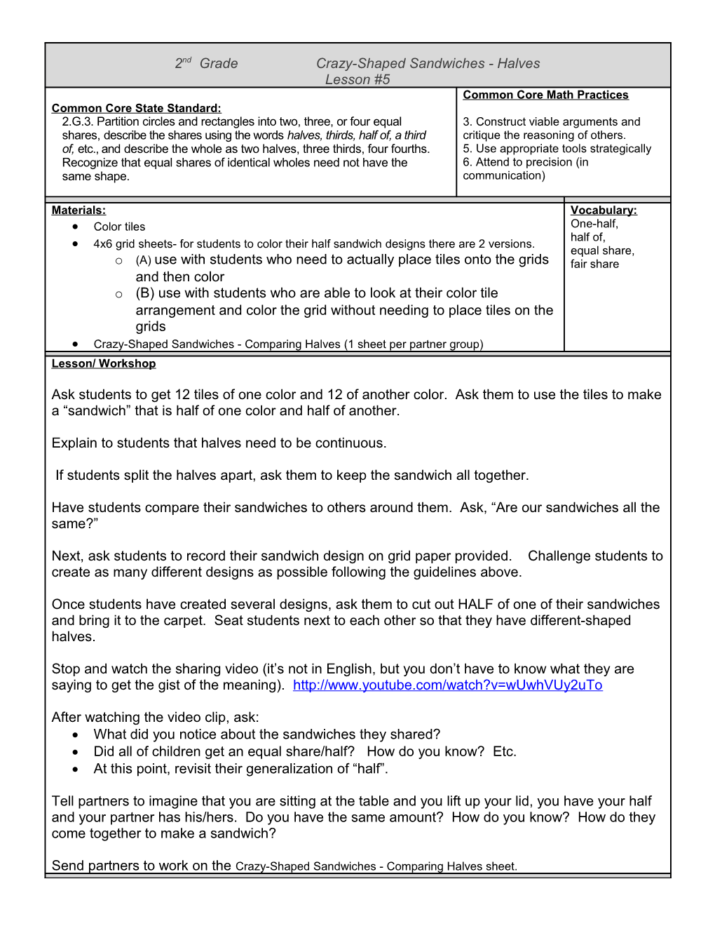 4X6 Grid Sheets- for Students to Color Their Half Sandwich Designs There Are 2 Versions