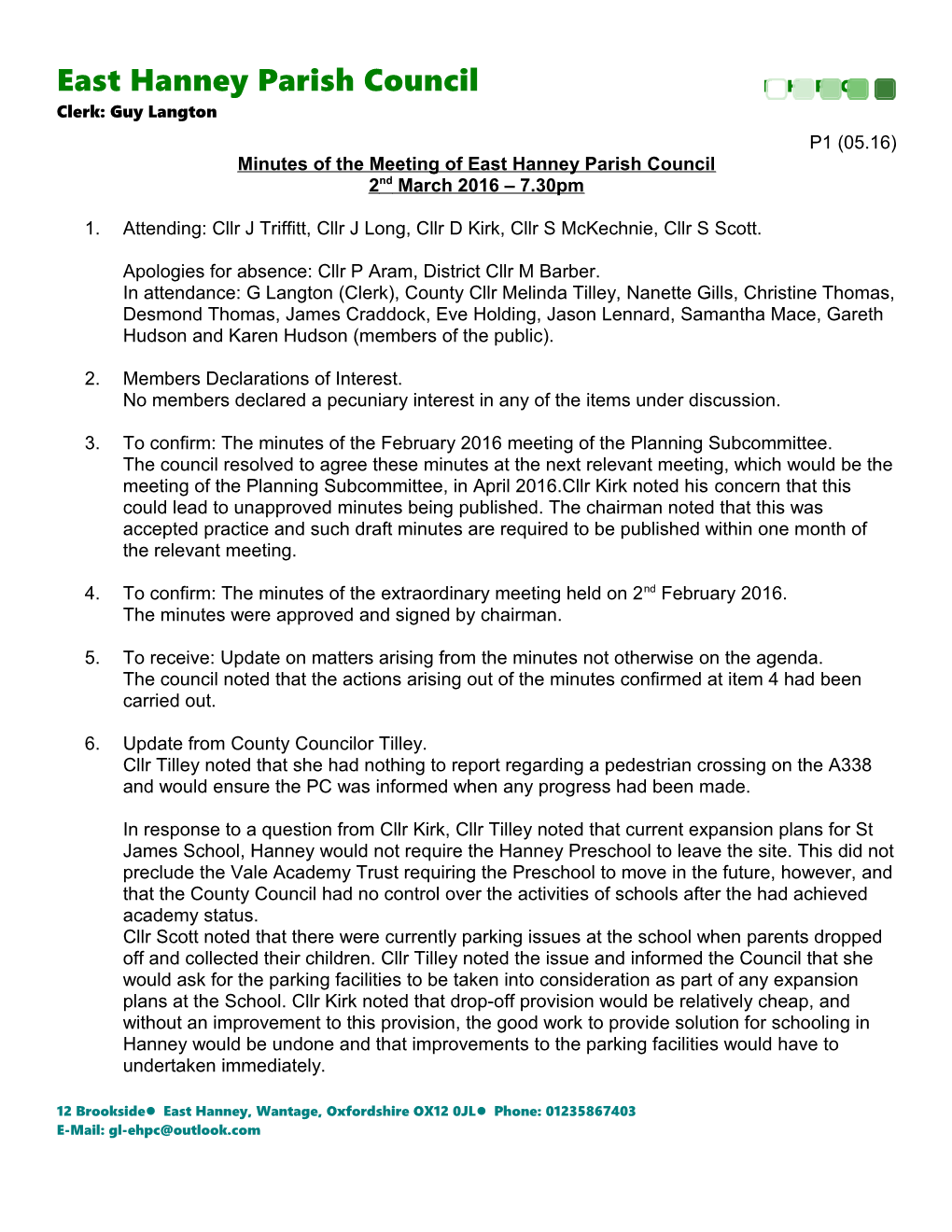 Minutes of the Meeting of East Hanney Parish Council