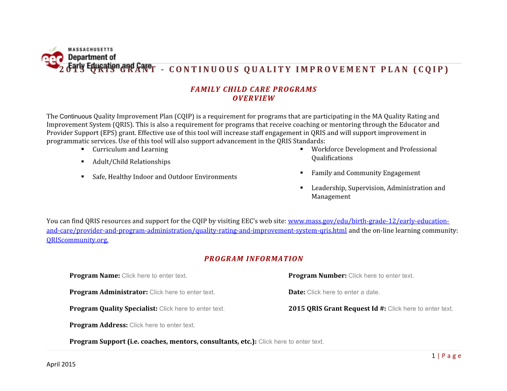 2015 QRIS Grant - Continuous Quality Improvement Plan (CQIP)