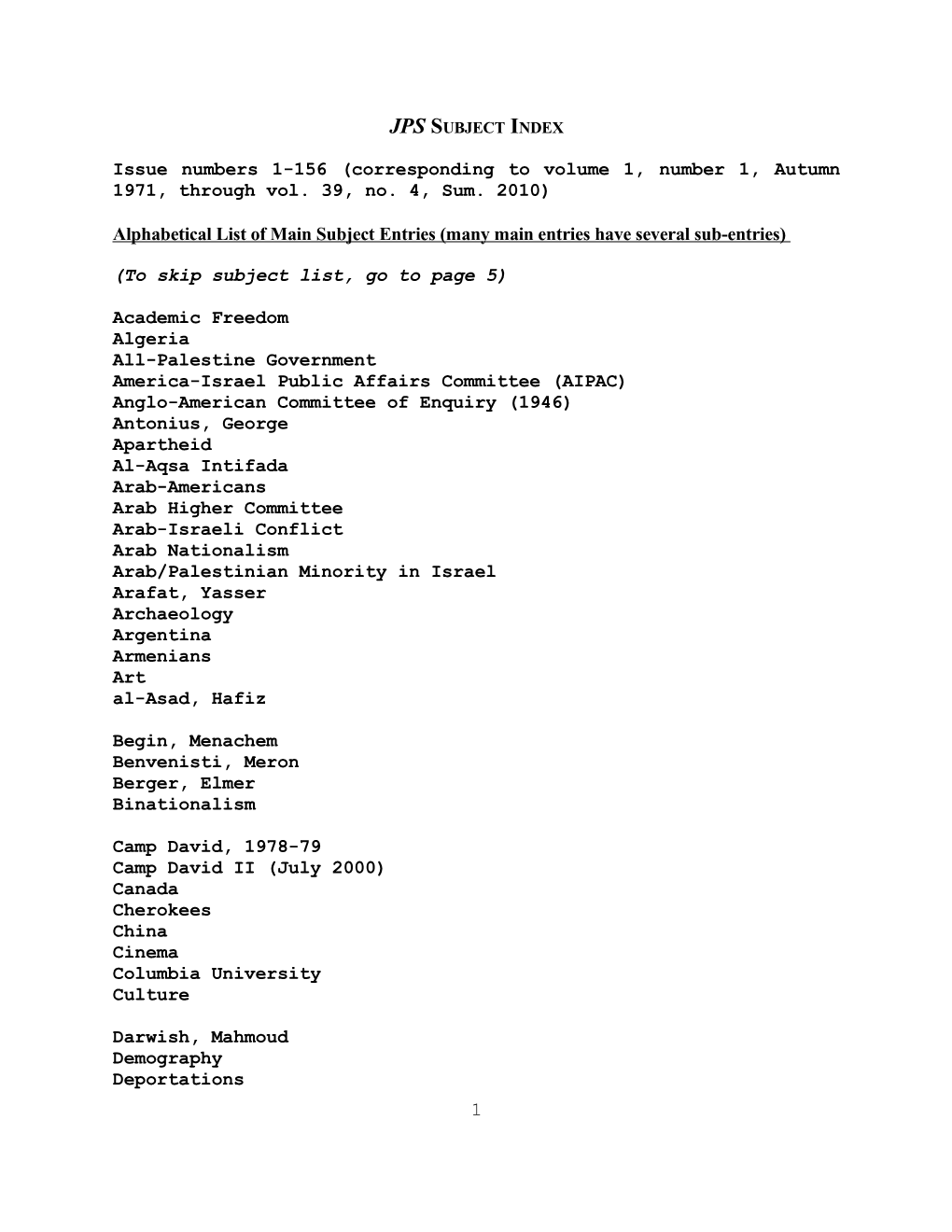 SUBJECT INDEX Revised by EH, November 2002