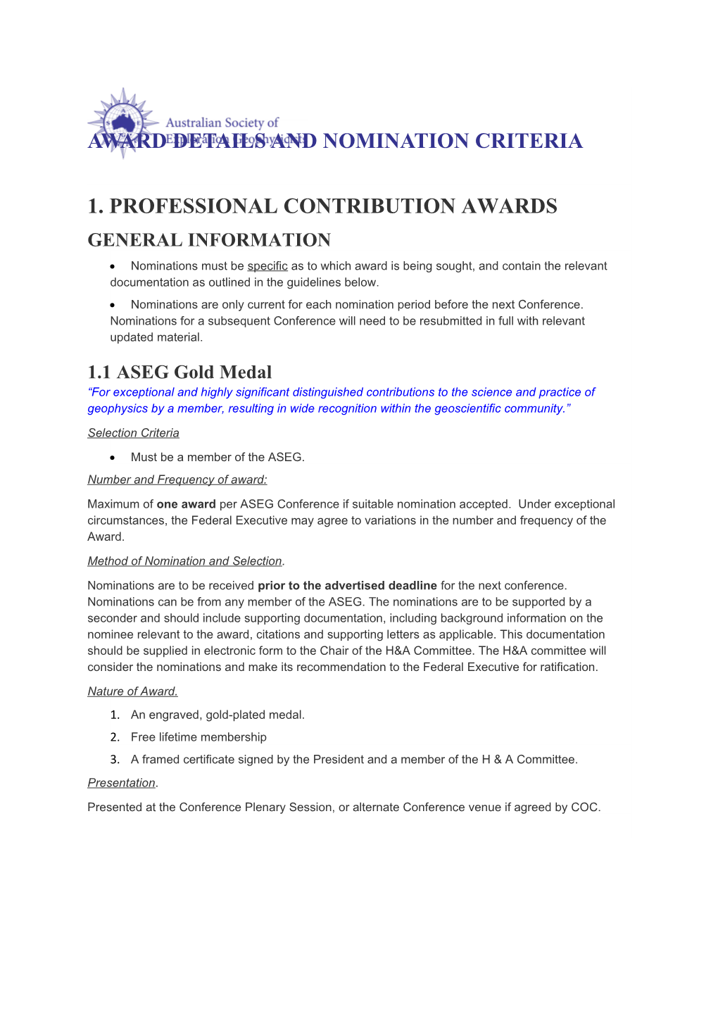 Award Details and Nomination Criteria