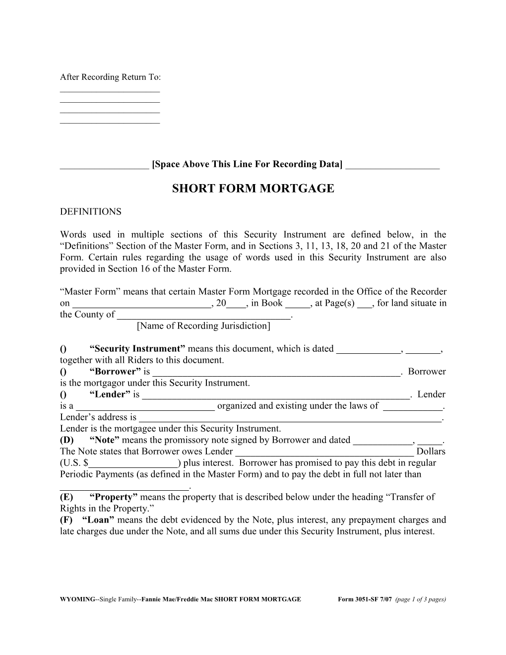 Wyoming Security Instrument (Form 3051Sf): Word