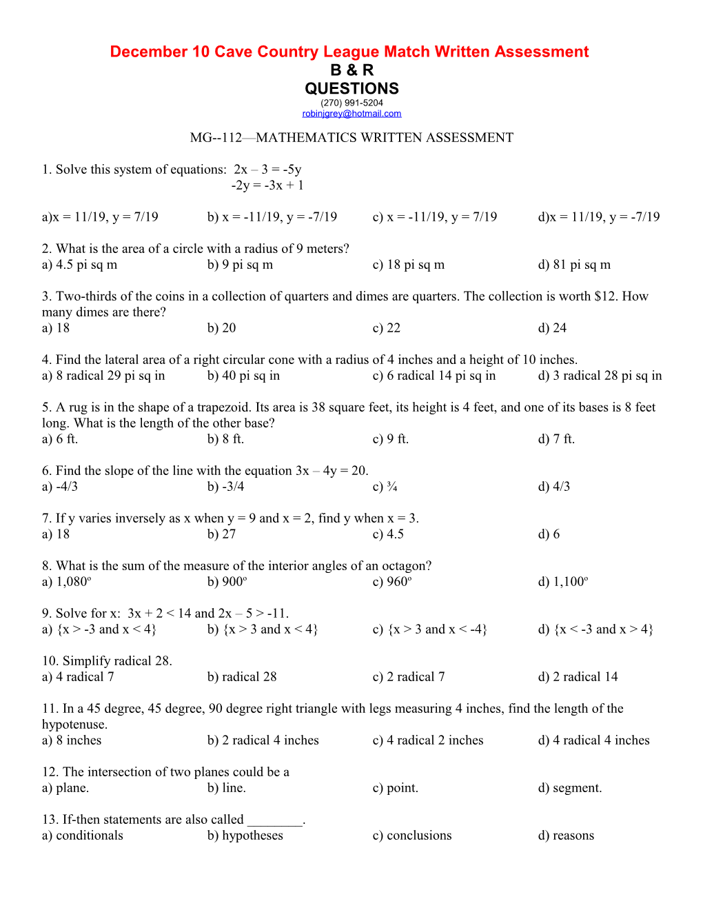 December 10 Cave Country League Match Written Assessment