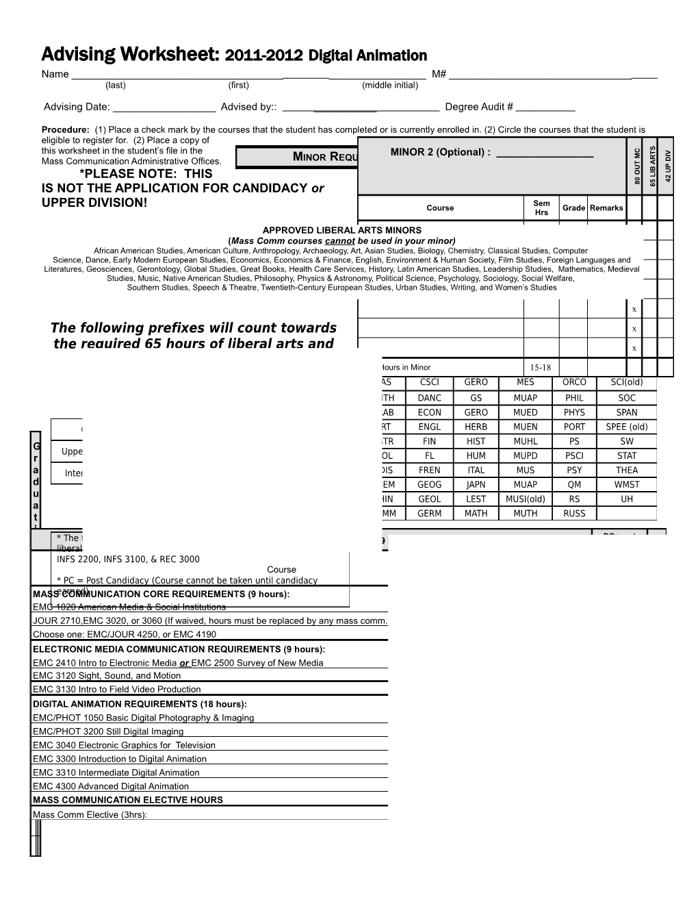 Advising Worksheet: 2011-2012Digital Animation