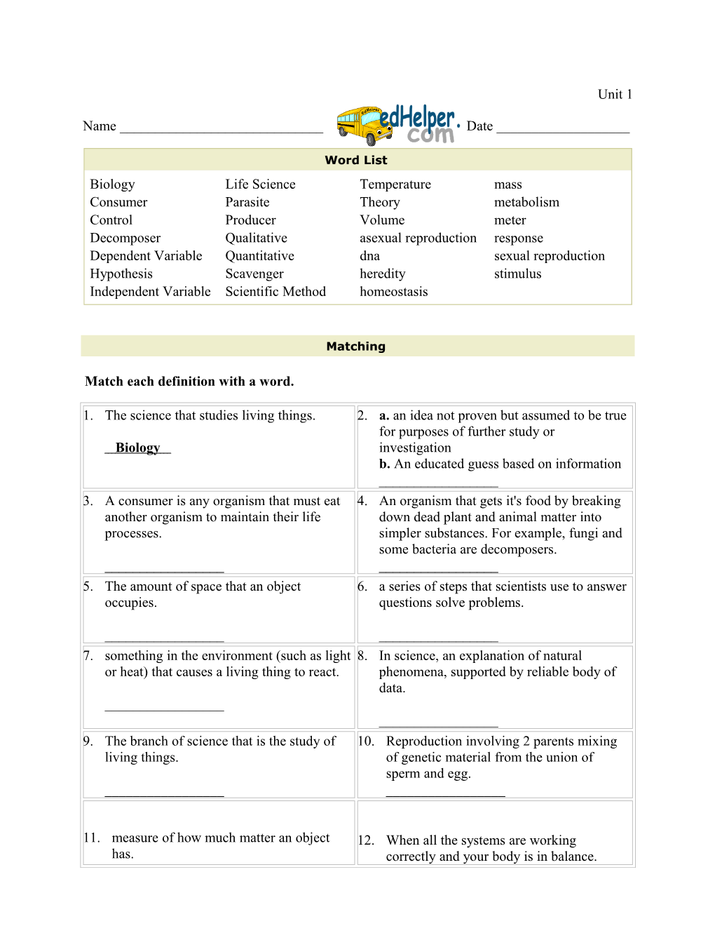 Match Each Definition with a Word