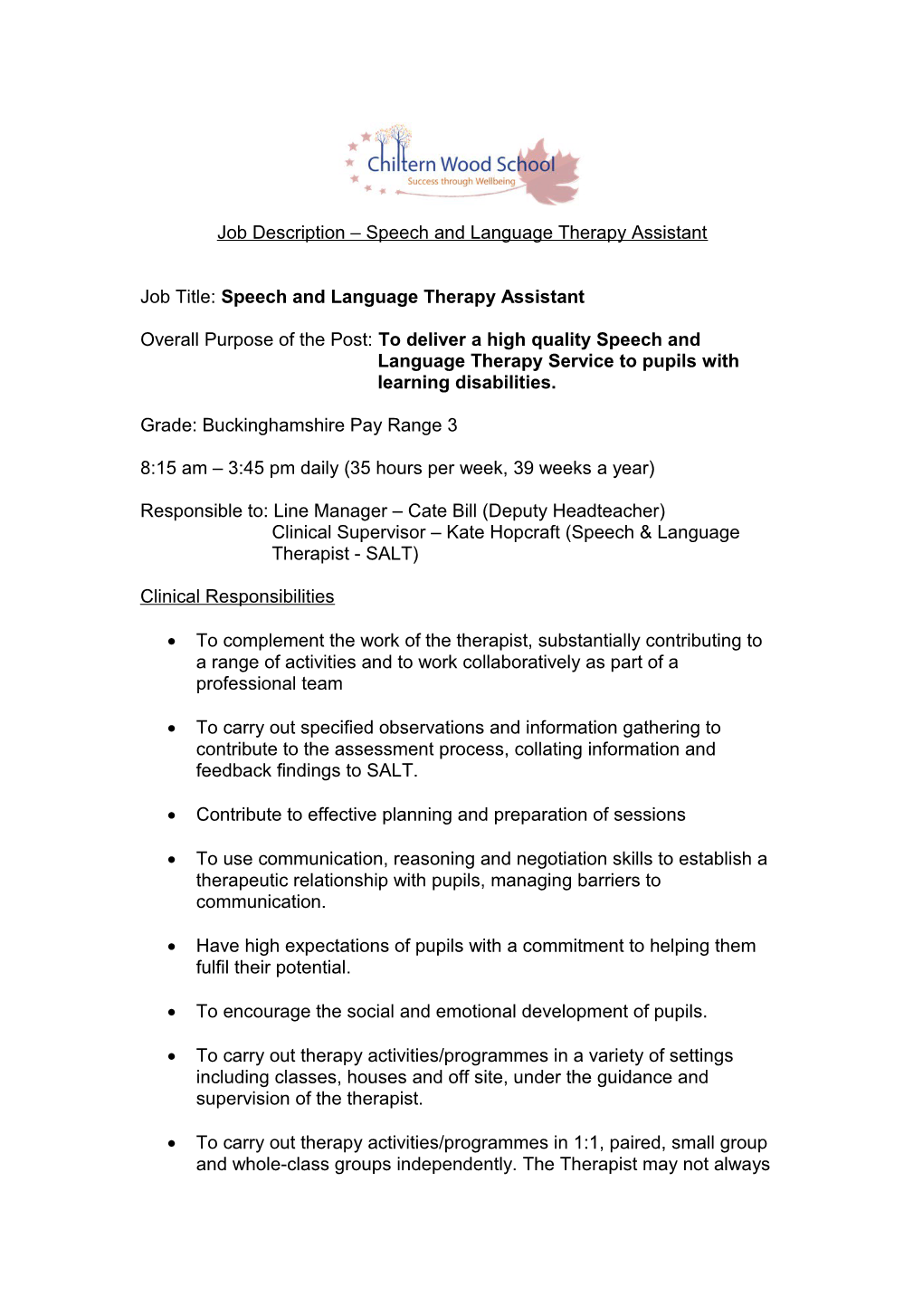 Job Description Speech and Language Therapy Assistant Dec 2012