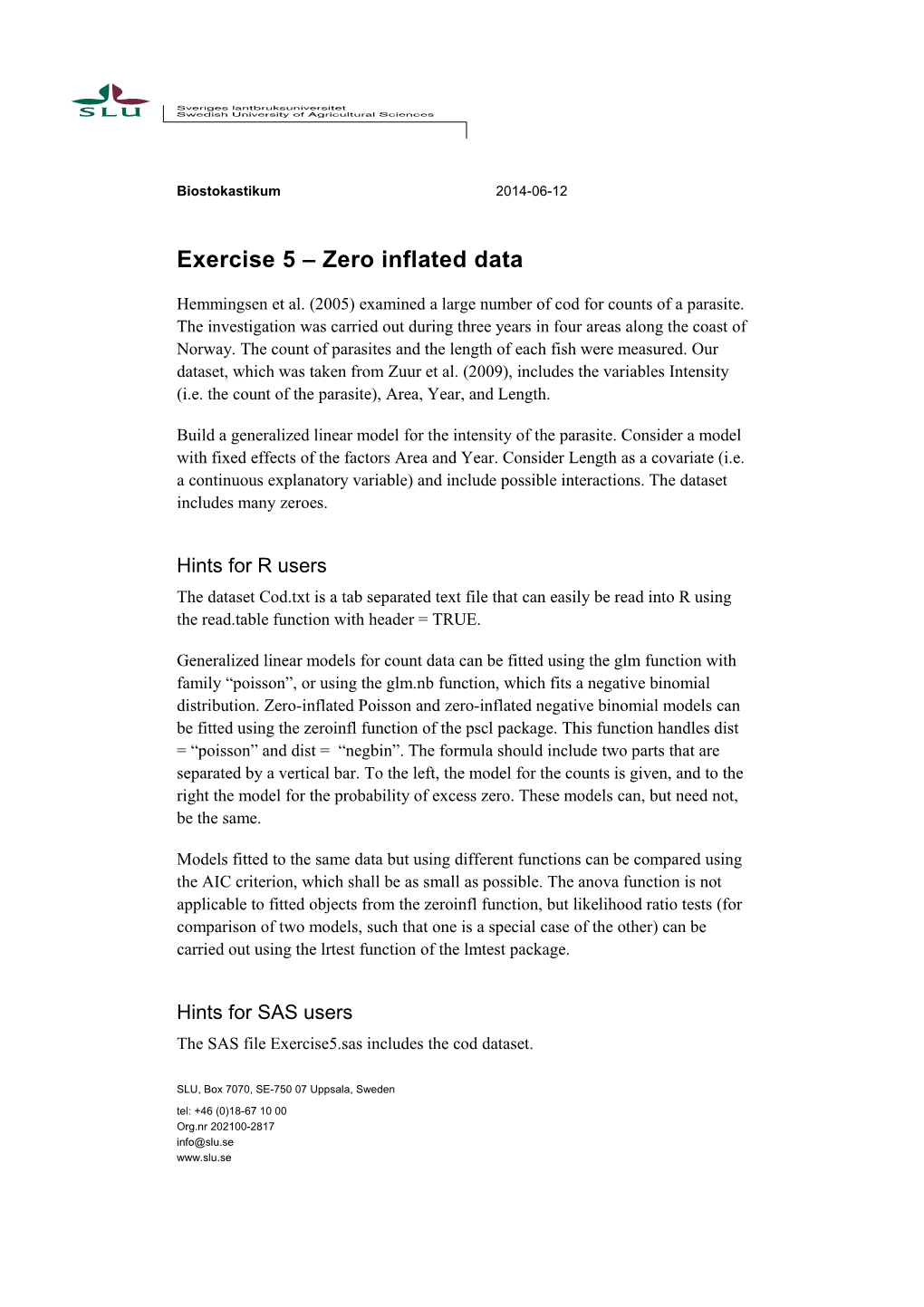 Exercise 5 Zero Inflated Data