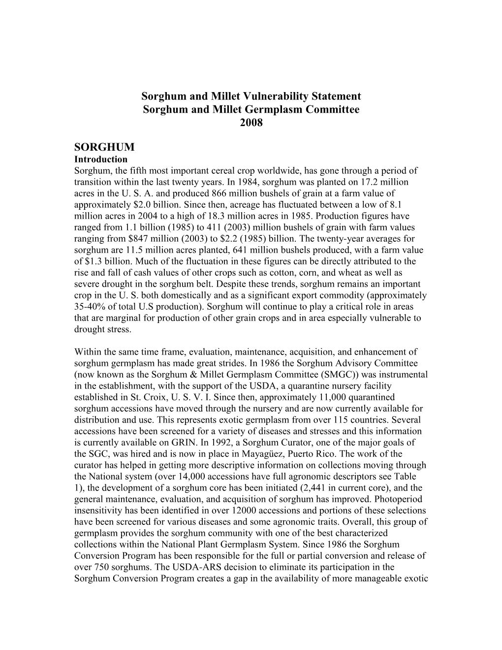 Sorghum Vulnerability Statement