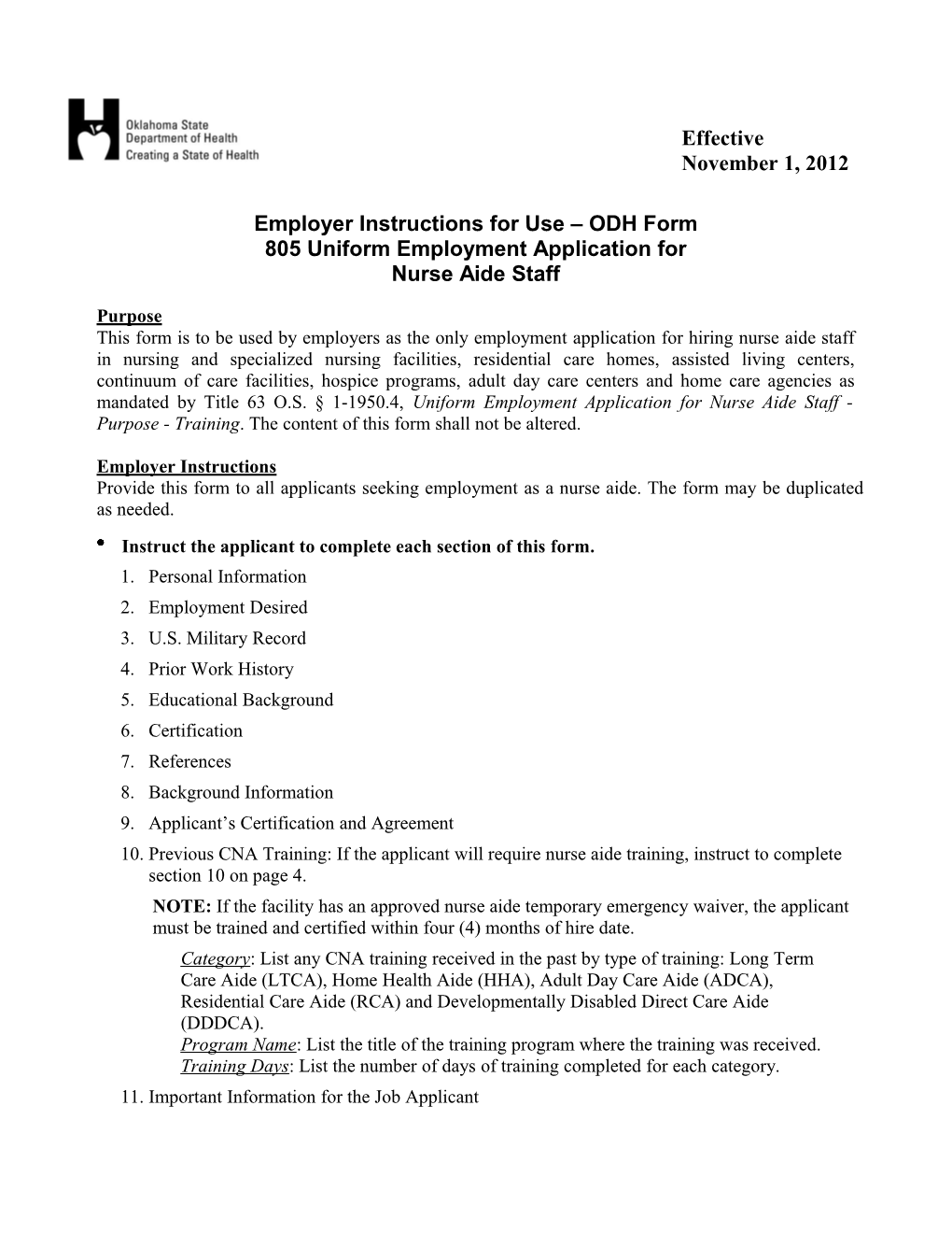 Employer Instructions for Use ODH Form 805 Uniform Employment Application for Nurse Aide Staff