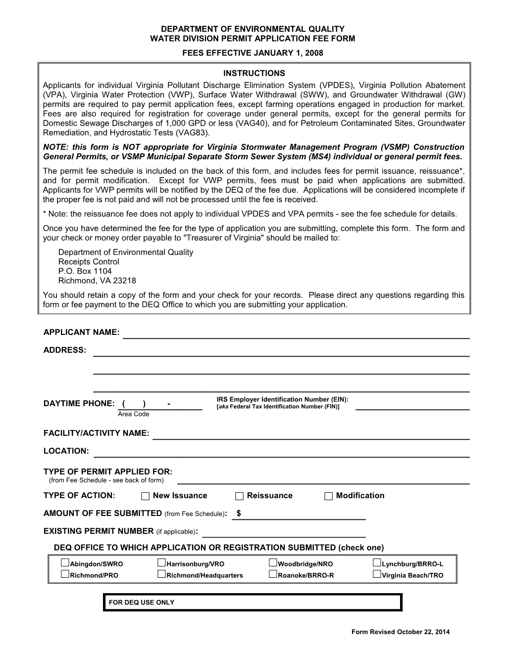 DEQ Water Division - Permit Application Fee Form