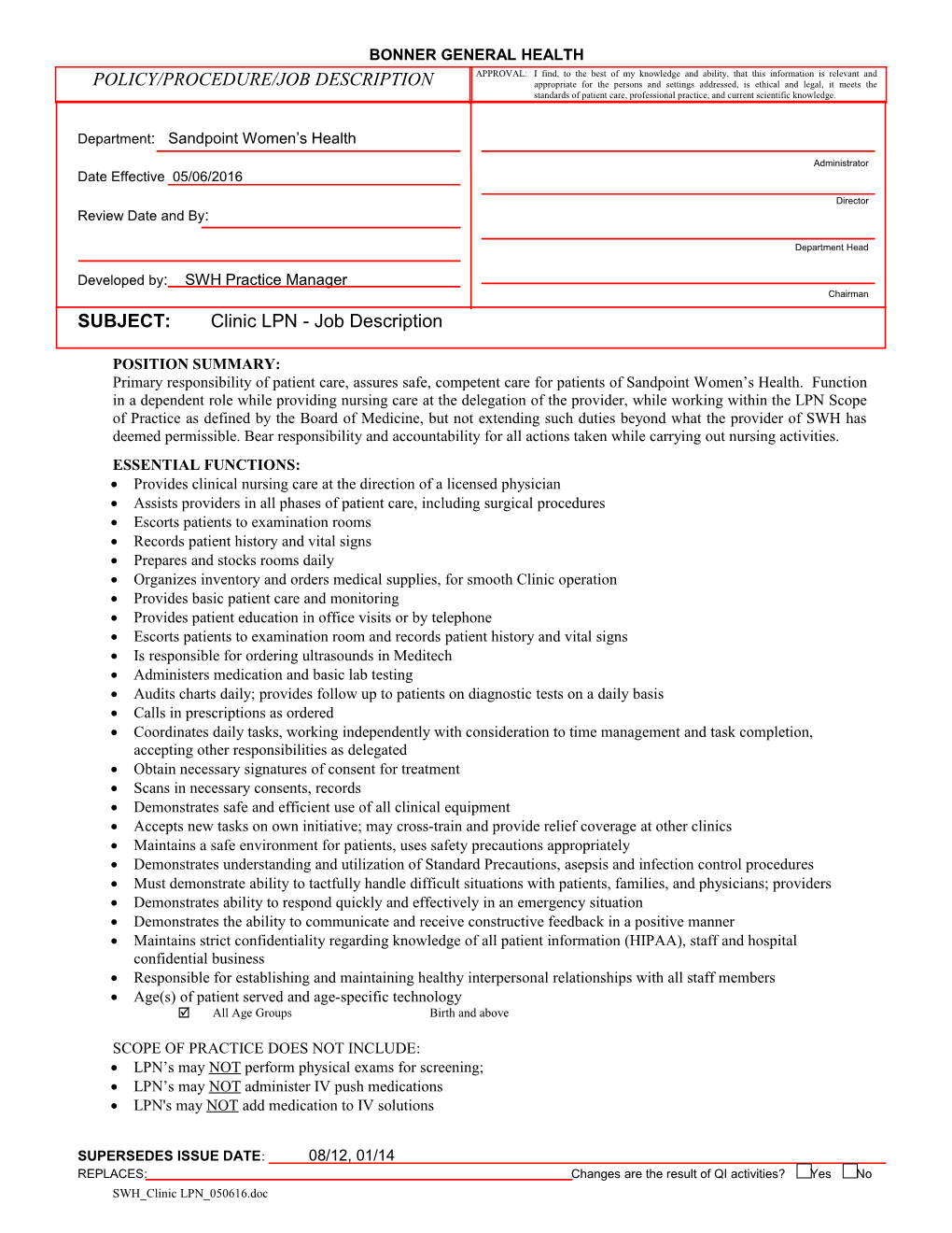 Subject:Clinic LPN - Job Description
