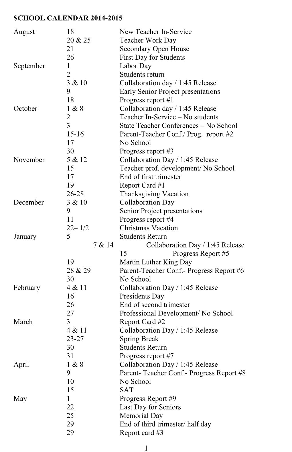 School Calendar 2014-2015