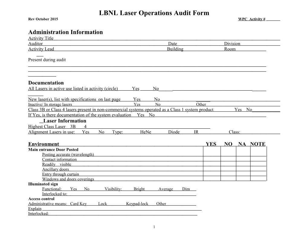 LBNL Laser Operations Audit Form
