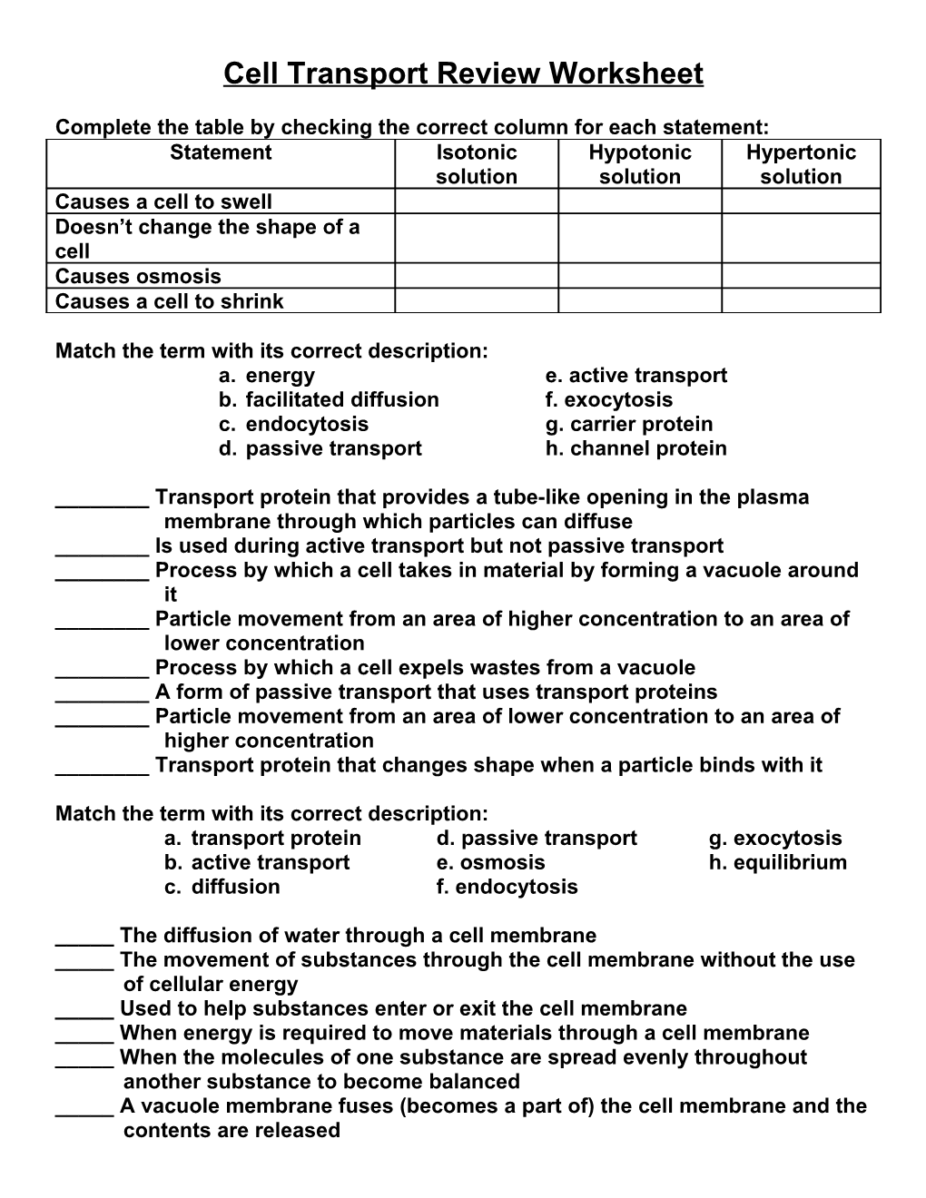 Cell Transport Review Worksheet