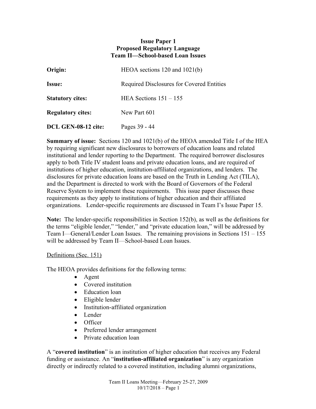 2009 Negotiated Rulemaking for Higher Education Team II School-Based Loan Issues (PDF)