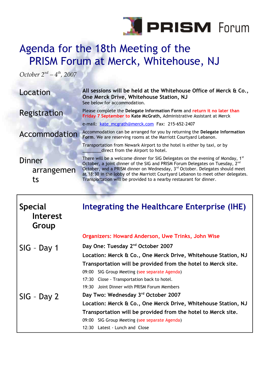 Agenda for the 18Th Meeting of the PRISM Forum at Merck, Whitehouse, NJ