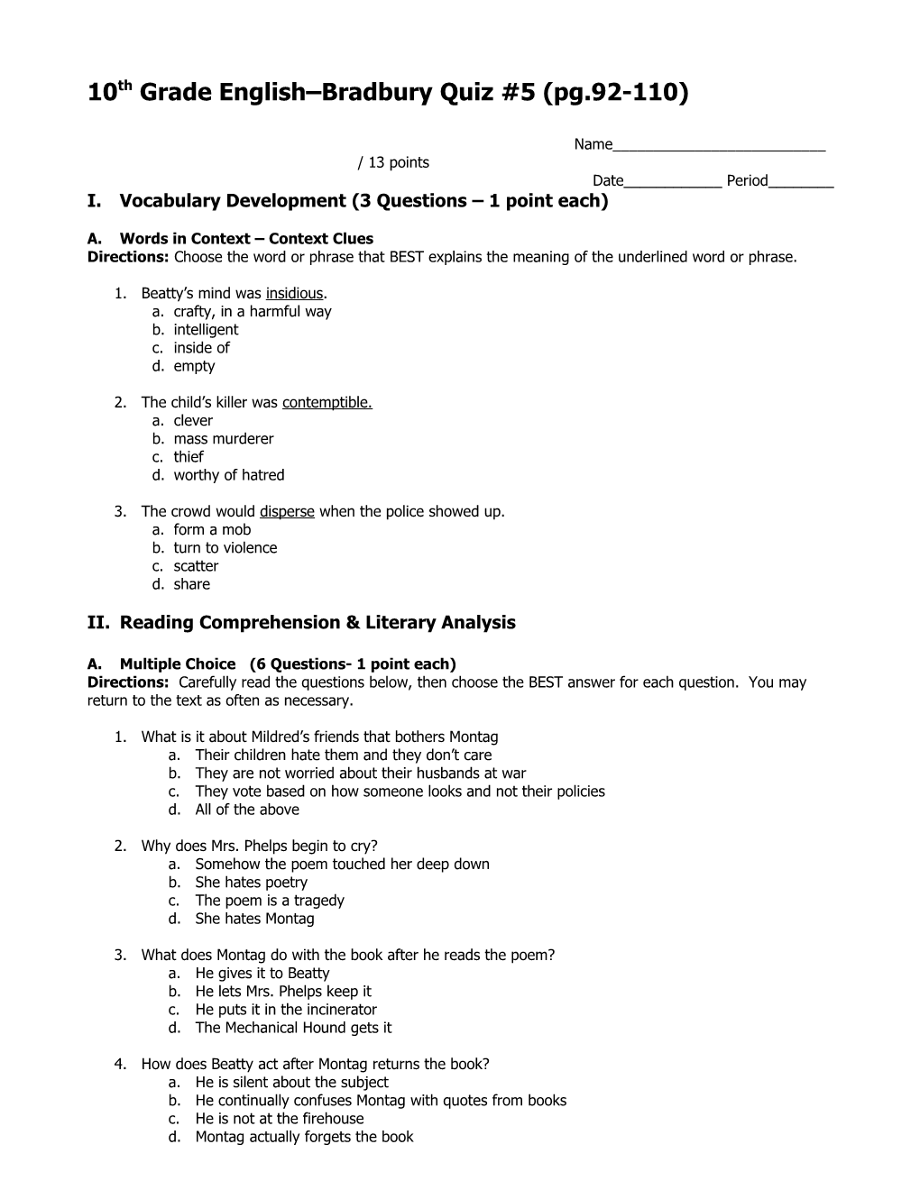 10Th Grade Author Study Cluster Test