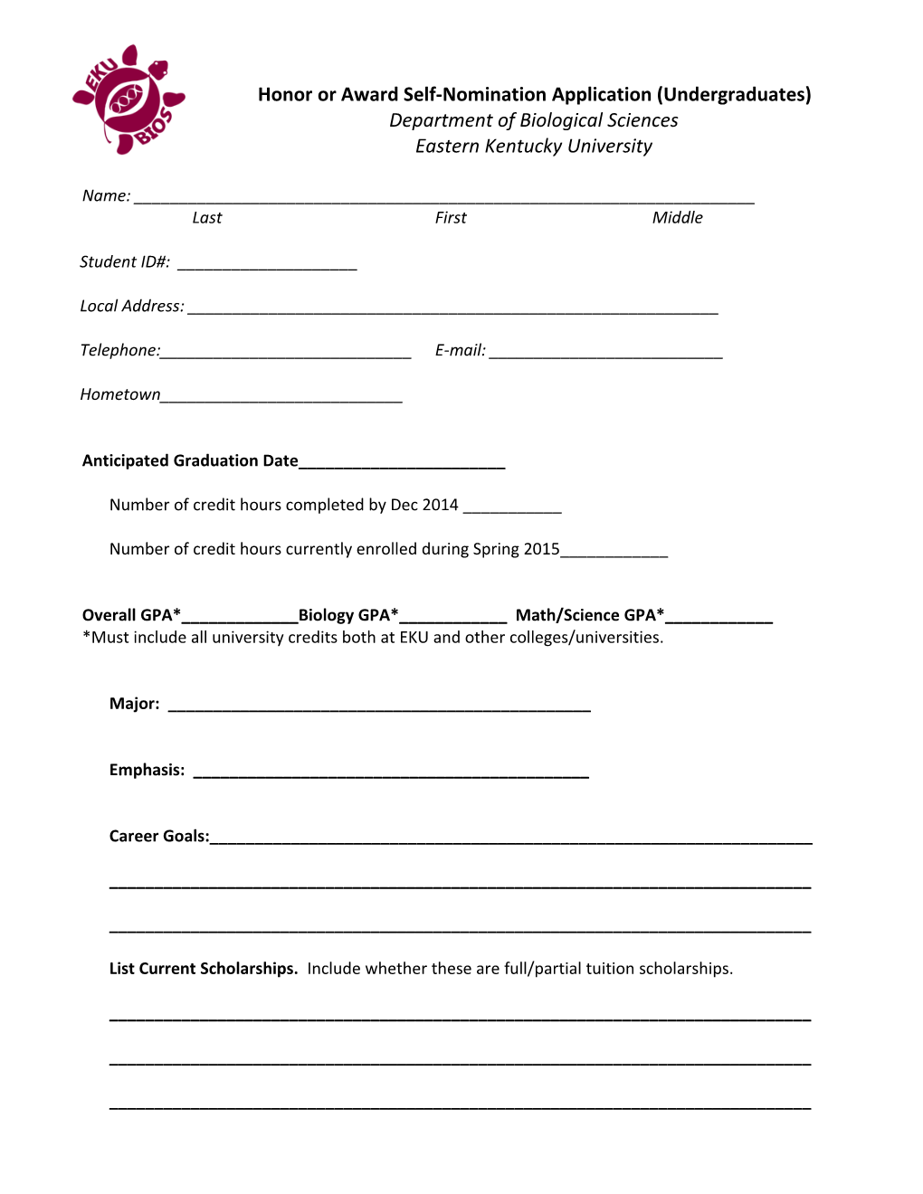 Honor Or Award Application (Undergraduates)