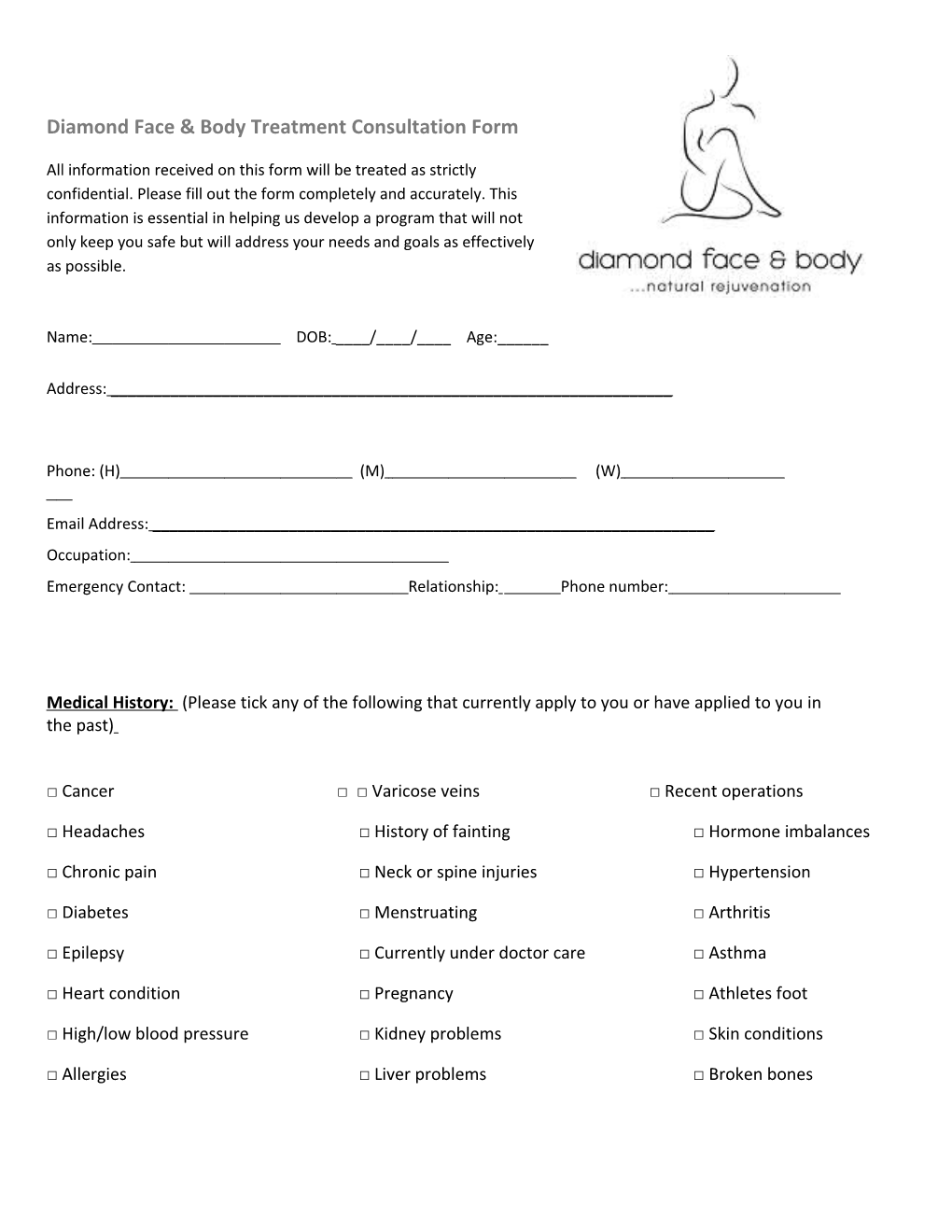 Diamond Face & Body Treatment Consultation Form