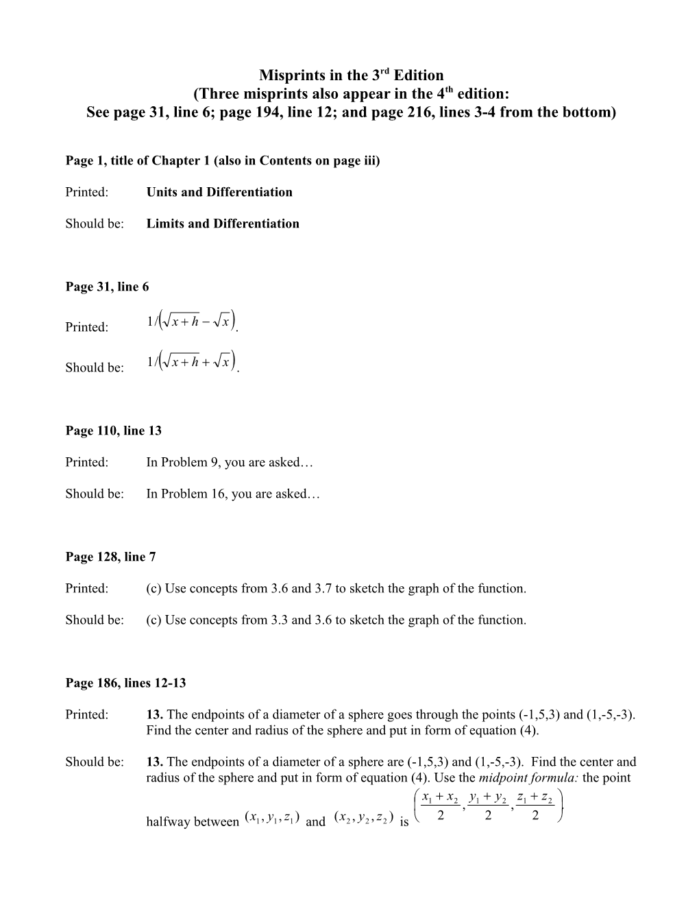 Misprints in the 3Rd Edition