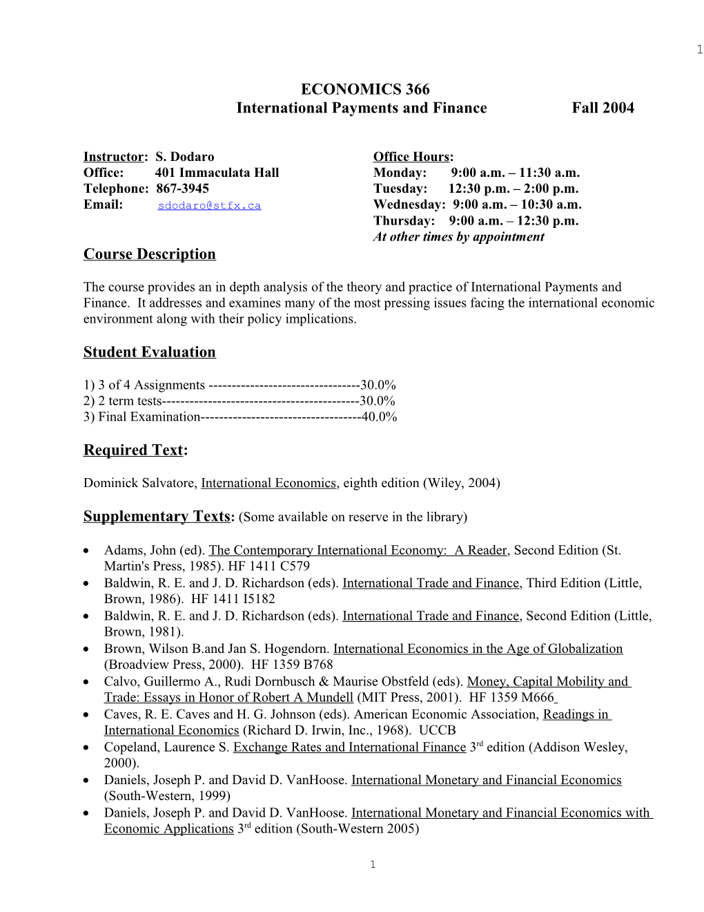 International Payments and Finance Fall 2004