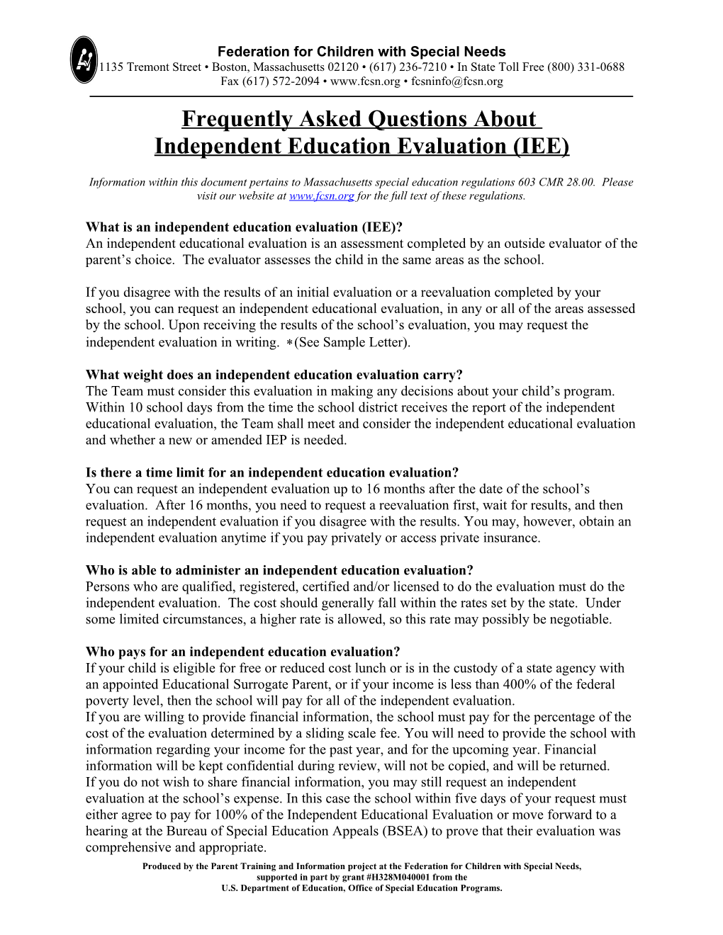 Information Within This Document Pertains to Massachusetts Special Education Regulations