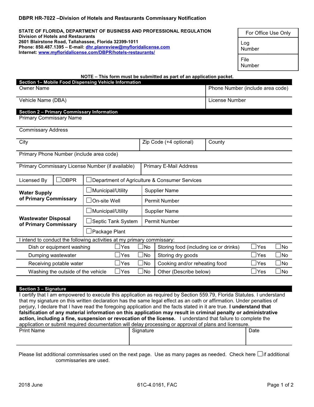 DBPR HR-7022 Division of Hotels and Restaurants Commissary Notification