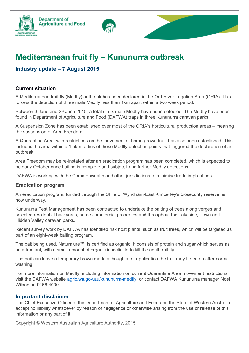 Mediterranean Fruit Fly Kununurra Outbreak