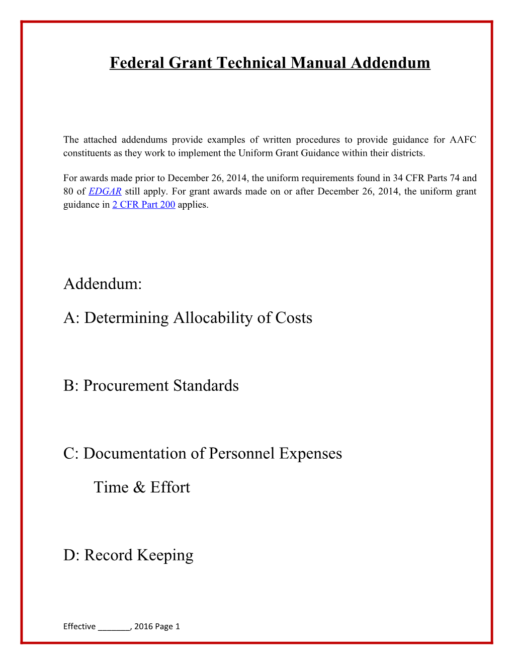 Federal Grant Technical Manual Addendum