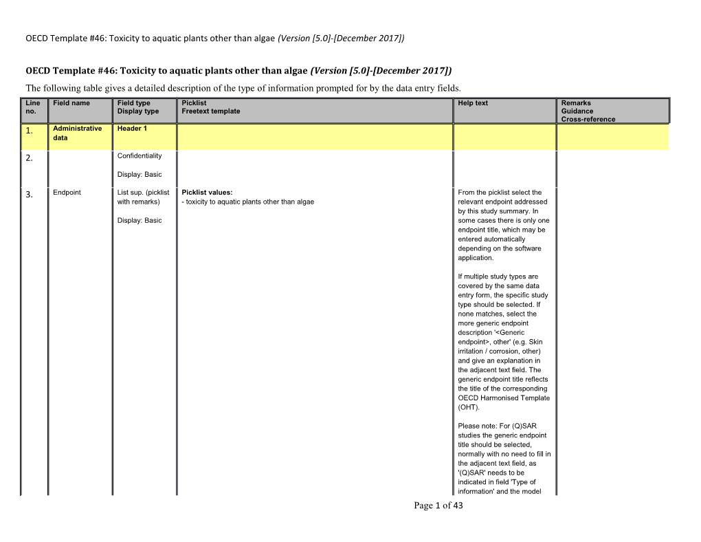 Oecdtemplate #46: Toxicity to Aquatic Plants Other Than Algae(Version 5.0 - December 2017 )