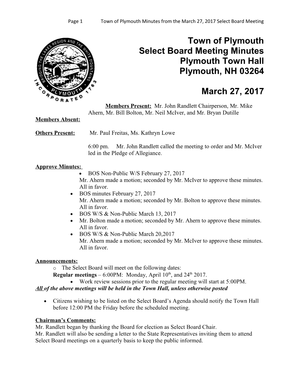 Page 1Town of Plymouth Minutes from Themarch 27, 2017 Select Board Meeting