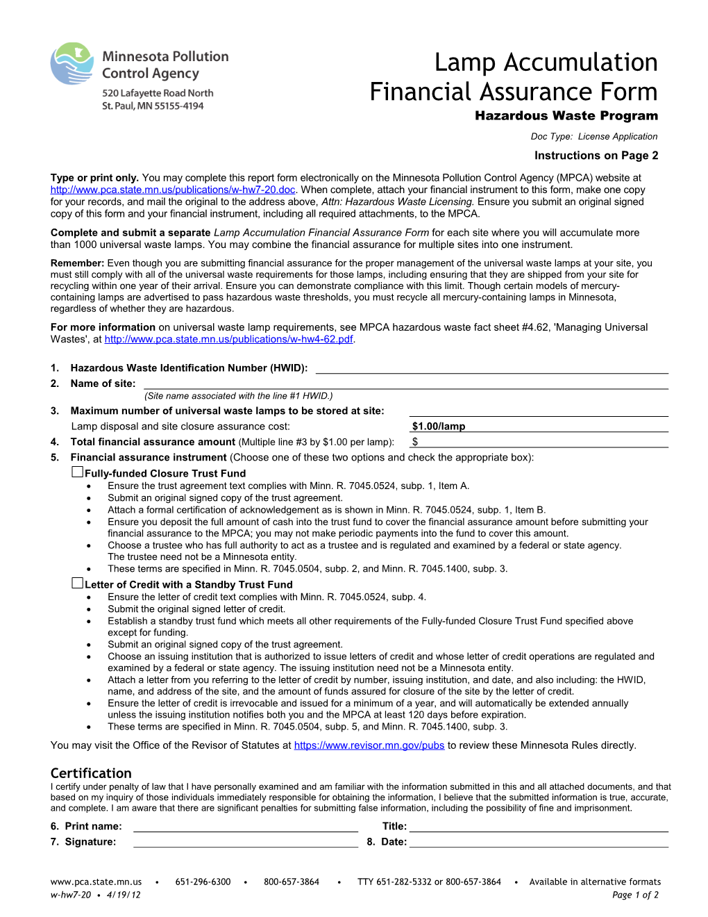 Lamp Accumulation Financial Assurance Form