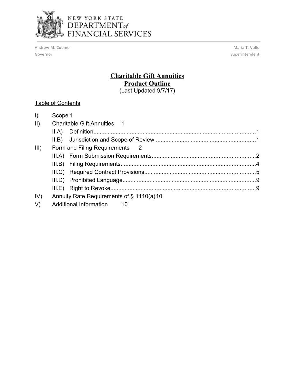 Charitable Gift Annuity Product Outline